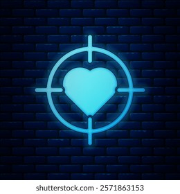 Glowing neon Heart in the center of darts target aim icon isolated on brick wall background. International Happy Women Day.  Vector Illustration