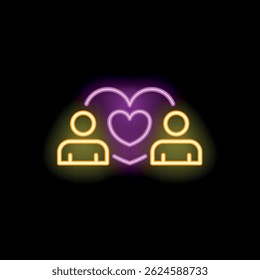 Glowing neon heart connecting two people representing a couple falling in love