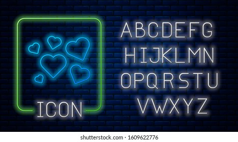 Glowing neon Heart icon isolated on brick wall background. Romantic symbol linked, join, passion and wedding. Valentine day symbol. Neon light alphabet. Vector Illustration