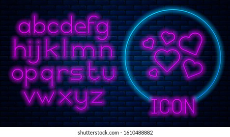 Glowing neon Heart icon isolated on brick wall background. Romantic symbol linked, join, passion and wedding. Valentine day symbol. Neon light alphabet. Vector Illustration