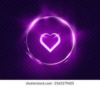 Glowing neon heart inside a circular frame with purple light effects on a dark transparent background.
