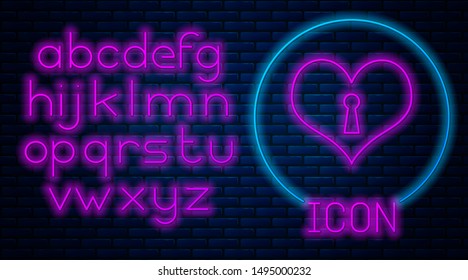 Glowing neon Heart with keyhole icon isolated on brick wall background. Locked Heart. Love symbol and keyhole sign. Neon light alphabet. Vector Illustration