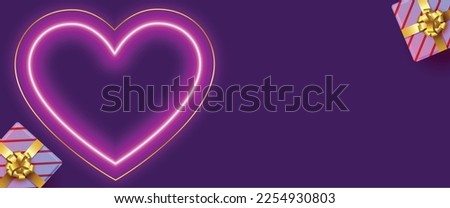 glowing neon heart on purple banner with giftbox and text space vector 