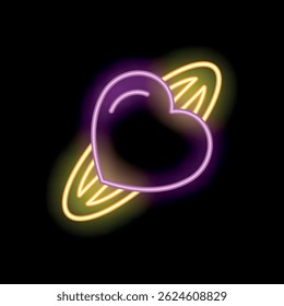 Glowing neon heart is orbiting in space surrounded by rings of light