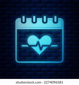 Glowing neon Heart rate icon isolated on brick wall background. Heartbeat sign. Heart pulse icon. Cardiogram icon.  Vector