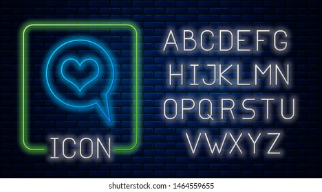 Glowing neon Heart in speech bubble icon isolated on brick wall background. Heart shape in message bubble. Love sign. Valentines day symbol. Neon light alphabet. Vector Illustration