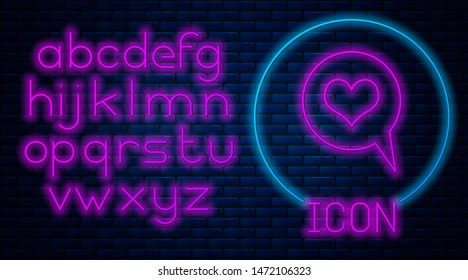 Glowing neon Heart in speech bubble icon isolated on brick wall background. Heart shape in message bubble. Love sign. Valentines day symbol. Neon light alphabet. Vector Illustration