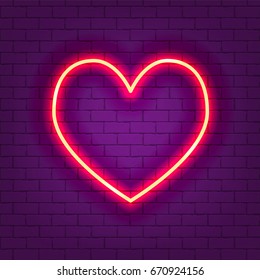 Glowing neon heart vector illustration on violet brick wall