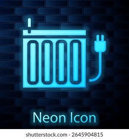 Glowing neon Heating radiator icon isolated on brick wall background.  Vector