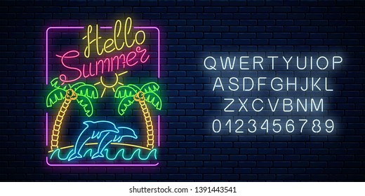 Glowing neon hello summer sign with palms, sun, island, dolphins in ocean and text with alphabet on dark brick wall background. Shiny summertime symbol. Vector illustration.