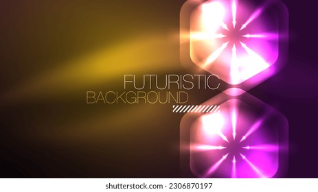 Hexagones de neón brillantes en el espacio oscuro. Plantilla de fondo abstracto de tecnología de alta tecnología para el ciberespacio en tecnología digital