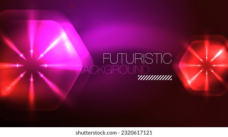Leuchtende Neonhexagons im dunklen Raum. Digitale Technologie, Cyberspace High-Tech-abstrakter Hintergrund-Vorlage