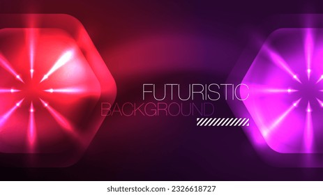 Hexagones de neón brillantes en el espacio oscuro. Plantilla de fondo abstracto de tecnología de alta tecnología para el ciberespacio en tecnología digital