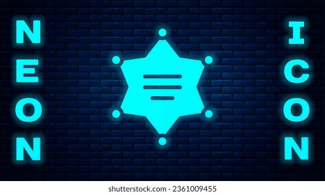 Icono del sheriff del neón Hexagram brillante aislado en el fondo de la pared de ladrillo. Icono de la insignia de la policía.  Ilustración vectorial