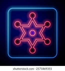 Glowing neon Hexagram sheriff icon isolated on blue background. Police badge icon.  Vector