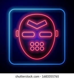 Glowing neon Hockey mask icon isolated on blue background.  Vector Illustration