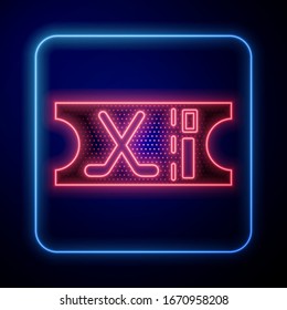 Glowing neon Hockey sports ticket icon isolated on blue background.  Vector Illustration