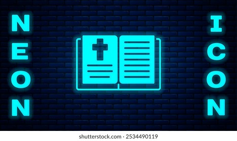 Glowing neon Holy bible book icon isolated on brick wall background.  Vector