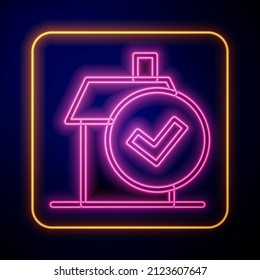 Glowing neon Home cleaning service concept icon isolated on black background. Building and house.  Vector