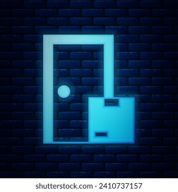 Glowing neon Home delivery services icon isolated on brick wall background.  Vector