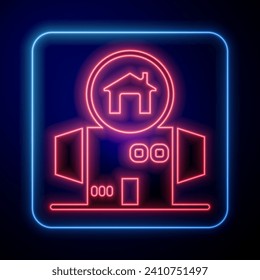 Glowing neon Homeless cardboard house icon isolated on black background.  Vector