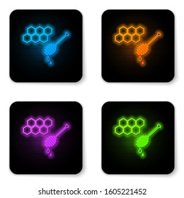 Glowing neon Honeycomb with honey dipper stickicon isolated on white background. Honey ladle. Honey cells symbol. Sweet natural food. Black square button. Vector Illustration