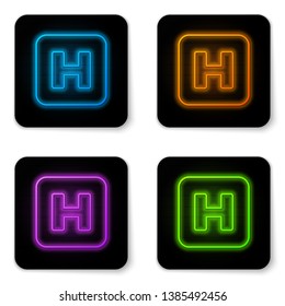 Glowing Neon Hospital Sign Icon Isolated On White Background. Black Square Button. Vector Illustration