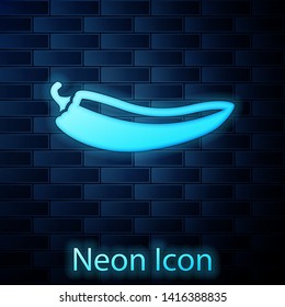Glowing neon Hot chili pepper pod icon isolated on brick wall background. Design for grocery, culinary products, seasoning and spice package, cooking book. Vector Illustration