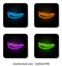 Glowing neon Hot chili pepper pod icon isolated on white background. Design for grocery, culinary products, seasoning and spice package, cooking book. Black square button. Vector Illustration