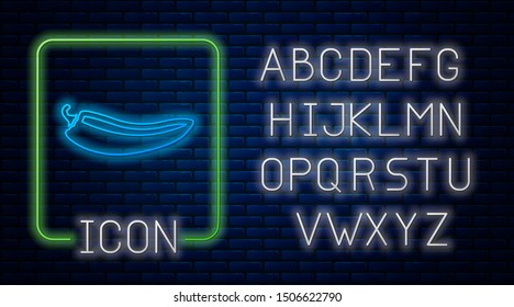 Glowing neon Hot chili pepper pod icon isolated on brick wall background.  Neon light alphabet. Vector Illustration