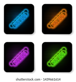 Glowing neon Hotdog sandwich icon isolated on white background. Sausage icon. Fast food sign. Black square button. Vector Illustration