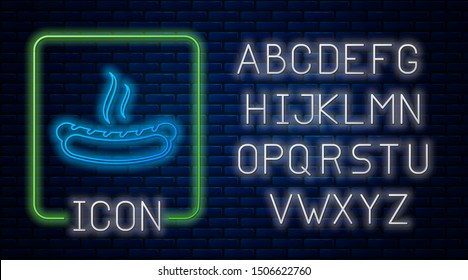 Glowing neon Hotdog sandwich with mustard icon isolated on brick wall background. Sausage icon. Fast food sign. Neon light alphabet. Vector Illustration