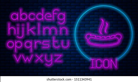 Glowing neon Hotdog sandwich with mustard icon isolated on brick wall background. Sausage icon. Fast food sign. Neon light alphabet. Vector Illustration