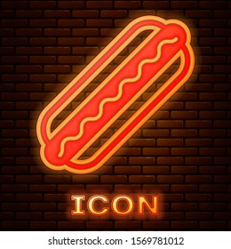 Glowing neon Hotdog sandwich with mustard icon isolated on brick wall background. Sausage icon. Fast food sign.  Vector Illustration