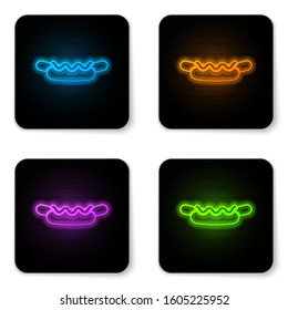 Glowing neon Hotdog sandwich with mustard icon isolated on white background. Sausage icon. Street fast food menu. Black square button. Vector Illustration