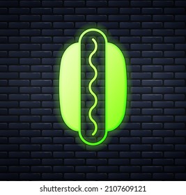Glowing neon Hotdog sandwich with mustard icon isolated on brick wall background. Sausage icon. Fast food sign.  Vector