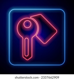 Glowing neon Hotel door lock key icon isolated on blue background.  Vector