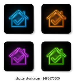 Glowing neon House with check mark icon isolated on white background. Real estate agency or cottage town elite class. Black square button. Vector Illustration