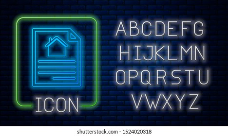 Glowing neon House contract icon isolated on brick wall background. Contract creation service, document formation, application form composition. Neon light alphabet. Vector Illustration