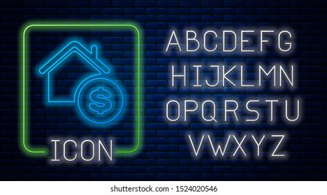 Glowing neon House with dollar symbol icon isolated on brick wall background. Home and money. Real estate concept. Neon light alphabet. Vector Illustration