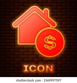 Glowing neon House with dollar symbol icon isolated on brick wall background. Home and money. Real estate concept.  Vector Illustration