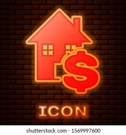 Glowing neon House with dollar symbol icon isolated on brick wall background. Home and money. Real estate concept.  Vector Illustration