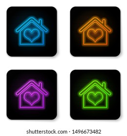 Glowing neon House with heart shape icon isolated on white background. Love home symbol. Family, real estate and realty. Black square button. Vector Illustration