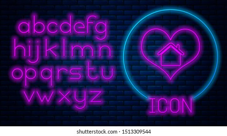 Glowing neon House with heart shape icon isolated on brick wall background. Love home symbol. Family, real estate and realty. Neon light alphabet. Vector Illustration