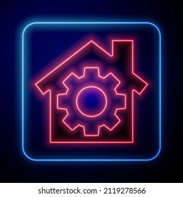 Glowing neon House or home with gear icon isolated on blue background. Adjusting, service, setting, maintenance, repair, fixing.  Vector Illustration