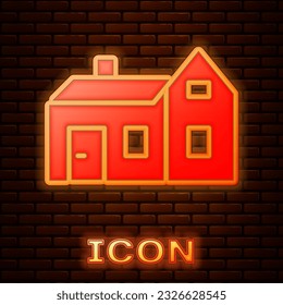 Glowing neon House icon isolated on brick wall background. Home symbol.  Vector