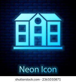 Glowing neon House icon isolated on brick wall background. Home symbol.  Vector