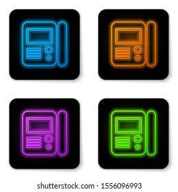 Glowing neon House intercom system icon isolated on white background. Black square button. Vector Illustration