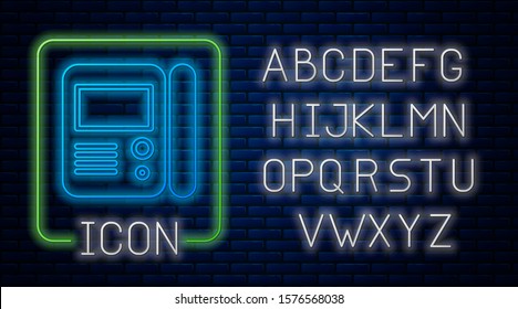 Glowing neon House intercom system icon isolated on brick wall background. Neon light alphabet. Vector Illustration