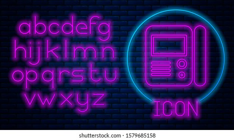 Glowing neon House intercom system icon isolated on brick wall background. Neon light alphabet. Vector Illustration